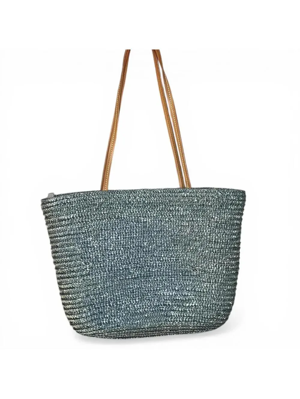 Vintage Sequin and Beaded Fish Design Straw Tote Bag with Leather Handles